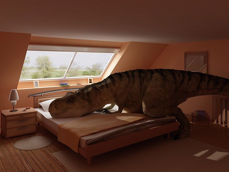 indoors, dinosaurs, beds, bedroom, Tyrannosaurus Rex - desktop wallpaper