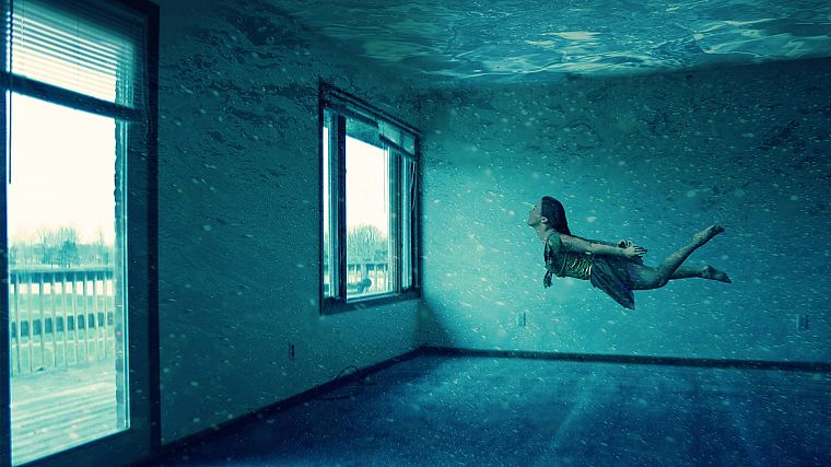 women, abstract, room, underwater, photo manipulation - desktop wallpaper