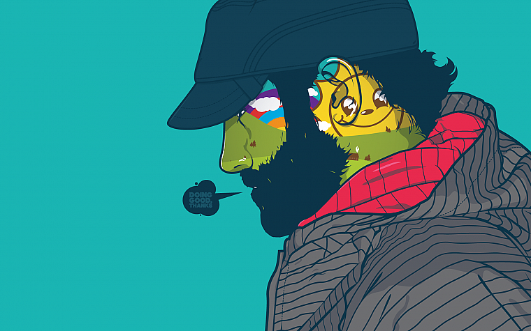 smiley face, beard, artwork, JThree Concepts, blue background, striped clothing, caps, Jared Nickerson - desktop wallpaper