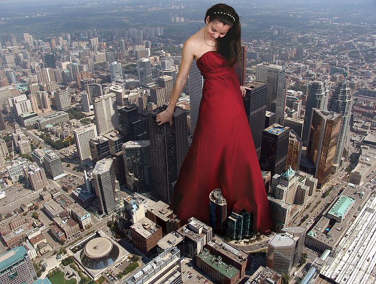 cityscapes, buildings, skyscrapers, giant woman, red dress, headbands, photo manipulation - desktop wallpaper