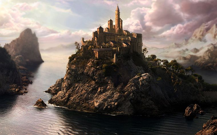 water, castles, fantasy art, patrick, rock islands - desktop wallpaper