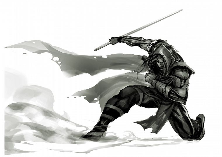 ninjas, samurai, Jedi, grayscale, swords - desktop wallpaper