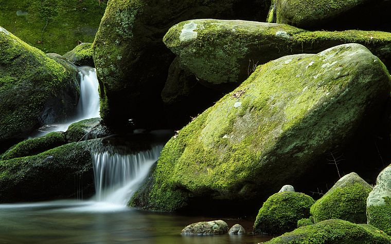 water, nature, rocks, moss, long exposure, waterfalls - desktop wallpaper