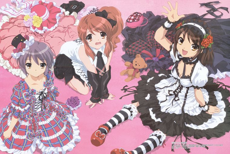 Asahina Mikuru, Nagato Yuki, The Melancholy of Haruhi Suzumiya, anime girls, Suzumiya Haruhi, knee socks, striped legwear - desktop wallpaper