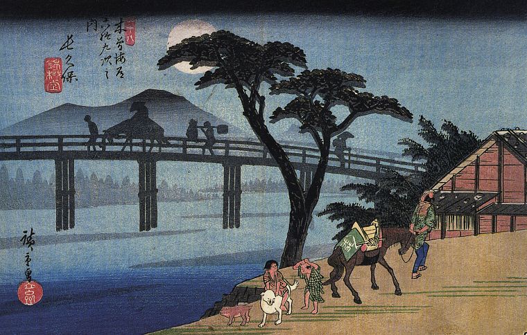 trees, Moon, Japanese, bridges, horses, artwork, Ukiyo-e, Hiroshige - desktop wallpaper