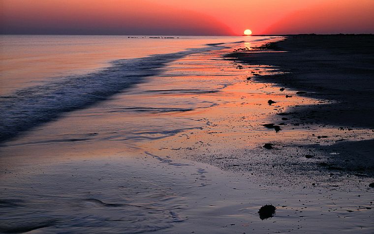 sunset, waves, beaches - desktop wallpaper