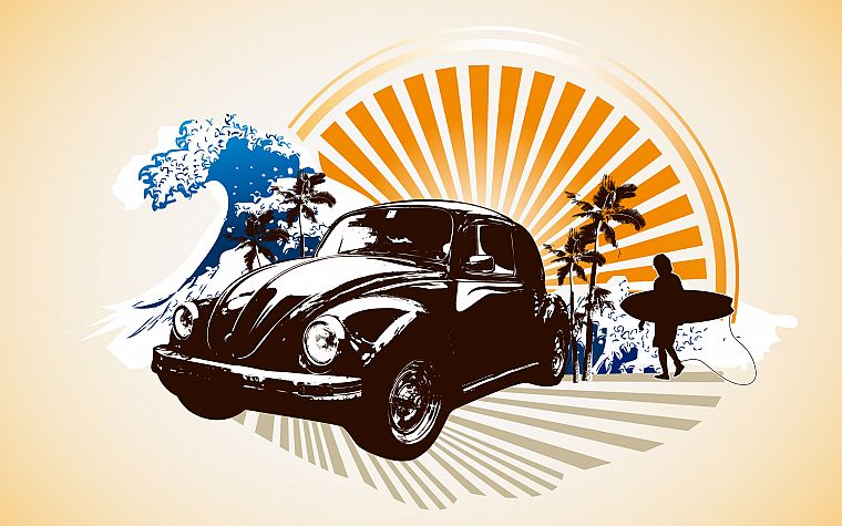 tropical, surfing, beetles, Volkswagen - desktop wallpaper