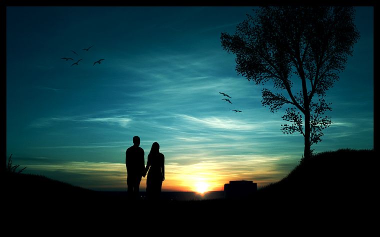 sunset, minimalistic, trees, silhouettes, couple, romantic, blue skies - desktop wallpaper
