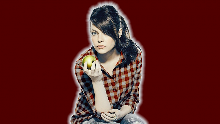 brunettes, women, Emma Stone, SNL, apples, red background - desktop wallpaper