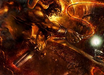 Balrog, Gandalf, The Lord of the Rings, artwork, The Mines of Moria, The Fellowship of the Ring - random desktop wallpaper