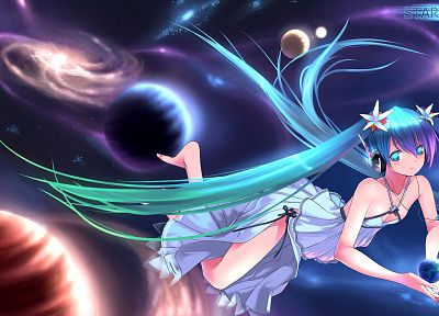 headphones, outer space, Vocaloid, dress, flowers, stars, Hatsune Miku, planets, floating, Earth, long hair, ribbons, barefoot, twintails, aqua eyes, aqua hair, white dress - related desktop wallpaper