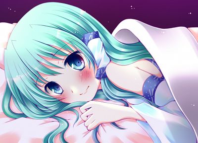Touhou, blue eyes, beds, long hair, blue hair, Miko, lying down, Kochiya Sanae, detached sleeves - random desktop wallpaper