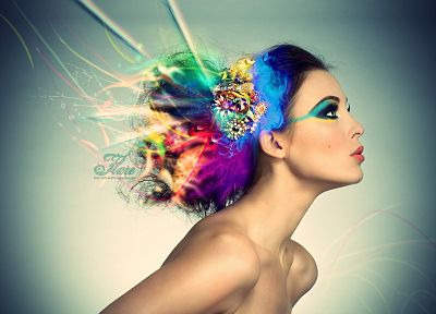 brunettes, women, blue, yellow, pink, purple, fashion, artwork, nude, roses, colors - related desktop wallpaper