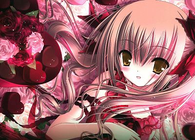 blondes, dress, flowers, chocolate, ribbons, Valentines Day, anime, hearts, golden eyes, Tinkle Illustrations, anime girls - desktop wallpaper
