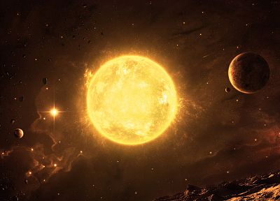 Sun, outer space, stars, planets, inferno, asteroids - desktop wallpaper