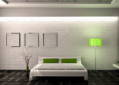 green, minimalistic, beds, interior, bedroom - duplicate desktop wallpaper