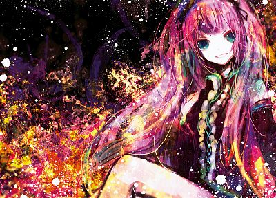 abstract, Vocaloid, gloves, Megurine Luka, long hair, pink hair, twintails, smiling, sitting, aqua eyes, anime girls, hair ornaments, bangs, bare shoulders, black gloves - related desktop wallpaper