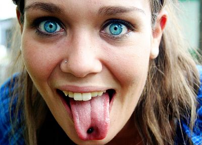 blue eyes, pierced tongue - desktop wallpaper