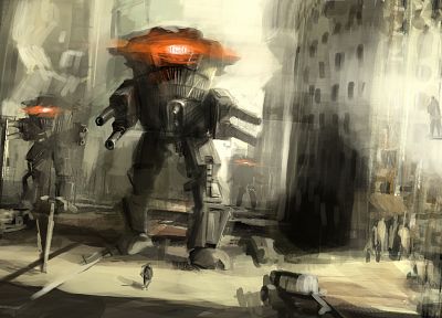 robots, futuristic, mecha, artwork, cities, attack - related desktop wallpaper