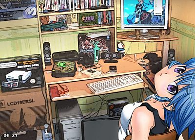 Nintendo, video games, computers, keyboards, blue hair, books, The Legend of Zelda, messy, anime, purple eyes, anime girls, DVD covers - related desktop wallpaper