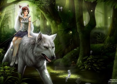 trees, Princess Mononoke, anime, Kodama, wolves, upscaled, San (Princess Mononoke) - random desktop wallpaper