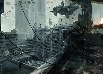 soldiers, war, futuristic, weapons, sniper rifles, artwork - desktop wallpaper