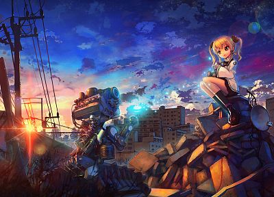 cityscapes, robots, buildings, wrecks, soft shading, anime girls - desktop wallpaper