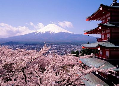 Japan, Mount Fuji, cherry blossoms, pagodas, Chureito Pagoda - random desktop wallpaper