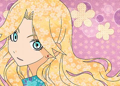 blondes, Sayonara Zetsubou Sensei, flowers, blue eyes, patterns, long hair, earrings, open mouth, anime girls, faces, looking back, Kimura Kaere, pink background - related desktop wallpaper