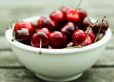 fruits, food, cherries, bowls, depth of field, berries - random desktop wallpaper