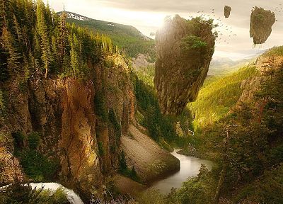 mountains, landscapes, forests, digital art, artwork, evergreens - related desktop wallpaper