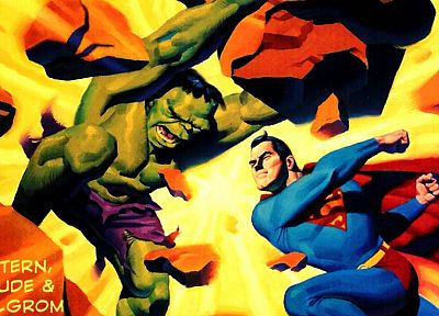 Hulk (comic character), Superman, superheroes, rocks, battles - desktop wallpaper