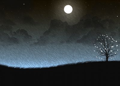 clouds, trees, rain, flowers, Moon, artwork - desktop wallpaper
