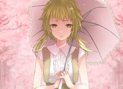 cherry blossoms, Vocaloid, green hair, yellow eyes, Megpoid Gumi, umbrellas, anime girls - related desktop wallpaper