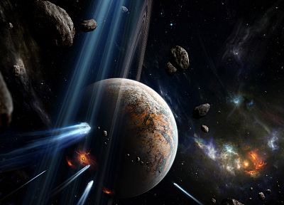 outer space, stars, planets, rings, asteroids - desktop wallpaper