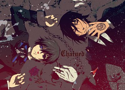 suit, Kuroshitsuji, Ciel Phantomhive, Sebastian Michaelis, anime, anime boys, chains, roses, butler - related desktop wallpaper