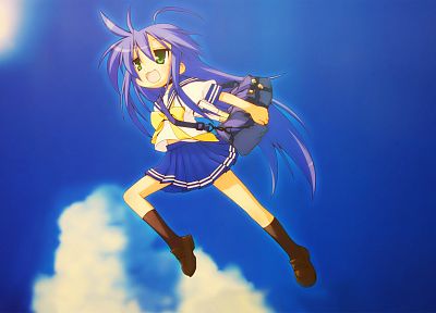 Lucky Star, school uniforms, The Girl Who Leapt Through Time, blue hair, green eyes, Izumi Konata, skies, knee socks - random desktop wallpaper