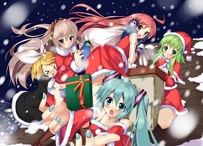 snow, Vocaloid, Hatsune Miku, Megurine Luka, Kagamine Rin, Megpoid Gumi, SF-A2 Miki, Santa outfit - desktop wallpaper