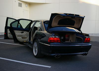 BMW, cars, vehicles, BMW E38, BMW 7 Series, black cars, open doors, German cars, rear angle view - desktop wallpaper
