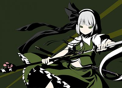 Touhou, dress, katana, green eyes, Konpaku Youmu, white hair, anime girls, games - related desktop wallpaper