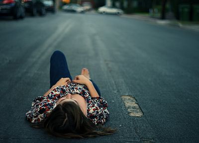 women, roads, lying down - desktop wallpaper