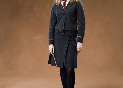 blondes, Emma Watson, actress, pantyhose, wand, Hermione Granger, brown background - desktop wallpaper
