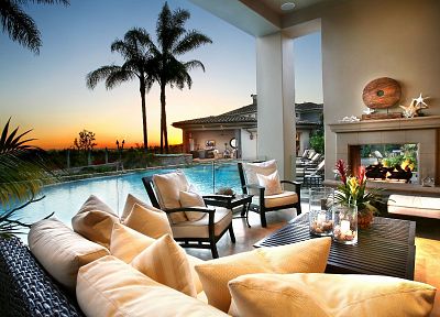 trees, chairs, palm trees, living room, swimming pools, interior design, fireplaces - related desktop wallpaper