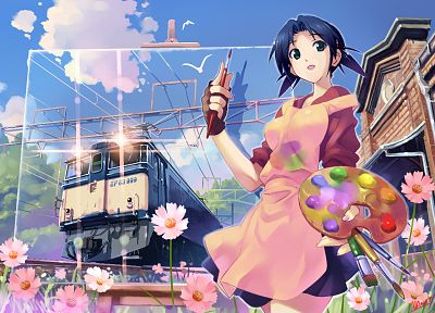 flowers, blue eyes, trains, paint, blue hair, artwork, anime girls, Vania600, original characters - random desktop wallpaper