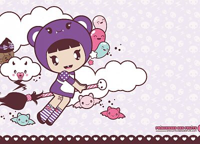 clouds, brooms, stuffed animals, open mouth, anime girls, bats, striped clothing, knee socks, striped legwear - related desktop wallpaper