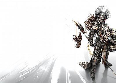 skulls, armor, shield, skeletons, artwork, warriors, spears - desktop wallpaper