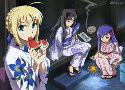 Fate/Stay Night, Tohsaka Rin, Saber, Matou Sakura, Japanese clothes, Fate series - random desktop wallpaper