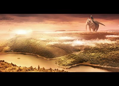 3D view, landscapes, wings, forests, elephants, hot air balloons, Desktopography, rivers, photo manipulation - related desktop wallpaper