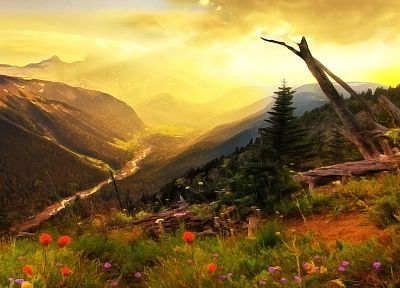 paintings, mountains, landscapes, trees, flowers, rivers - related desktop wallpaper