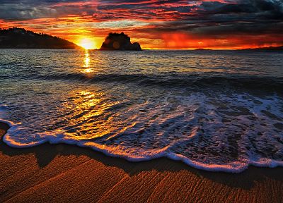 sunset, ocean, clouds, reflections, sea, beaches - random desktop wallpaper